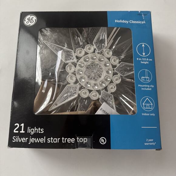 GE Silver Jewel Star Tree Topper 21 Clear Lights Green Cord 9" Christmas Holiday - Picture 7 of 11